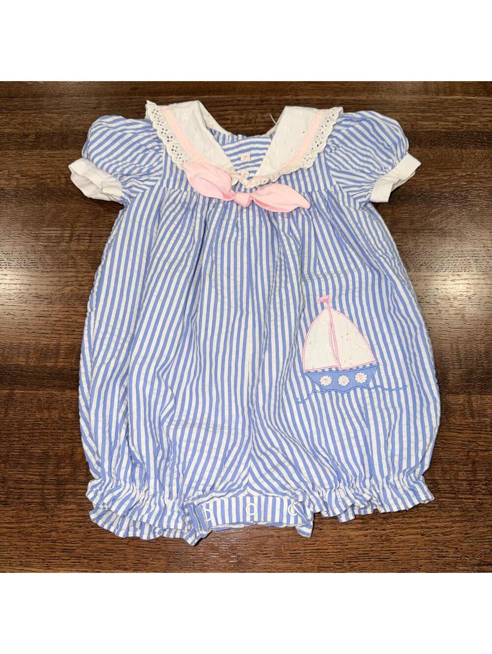Vintage Girls Smocked Seersucker Bubble Romper  18-24 mos